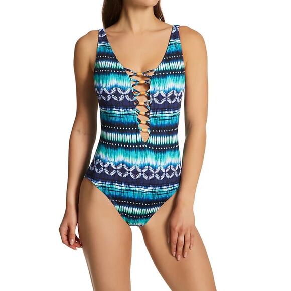 Bleu Rod Beattie Swimsuit Size 4 Sun Sea And Sand Lattice Front One Piece NWT - Picture 1 of 16